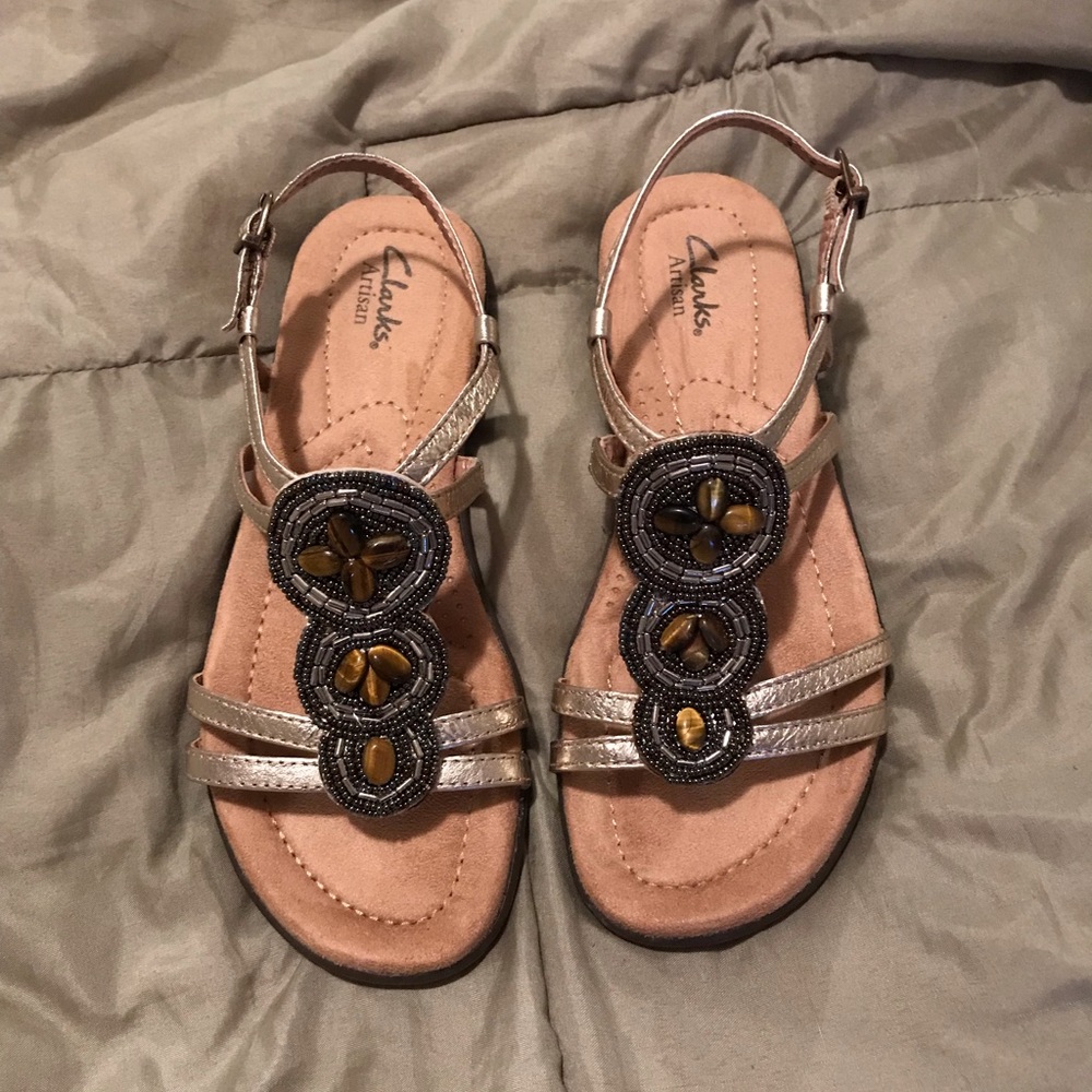 Gold Strap Sandals by Clarks Beaded Design Size 6